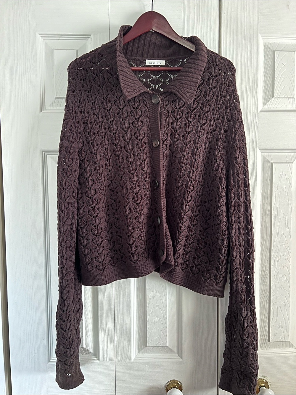 3/$200🪴—Neuflora Brown Openwork Button-Up Cardigan Sweater
